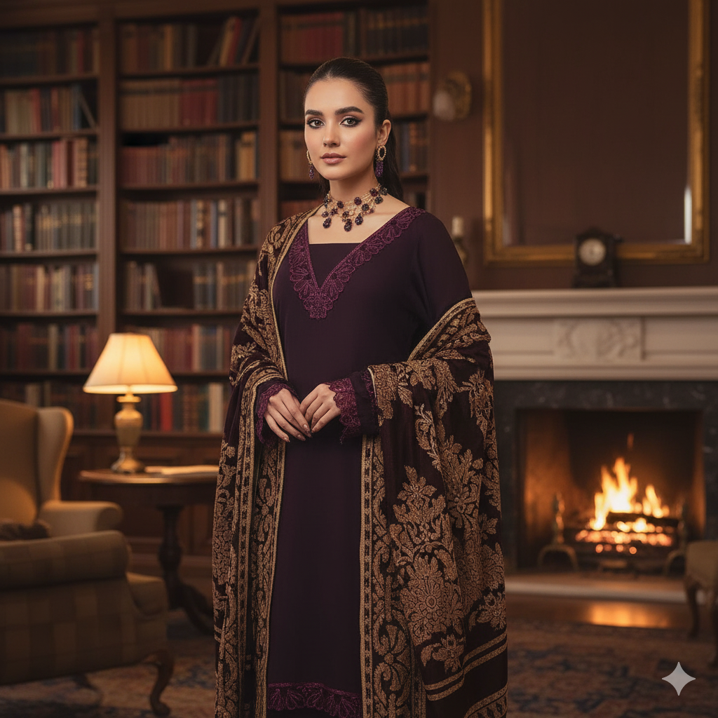 💜 AYAT Luxury Winter Collection - Regal Plum Velvet Jacquard Suit 💜