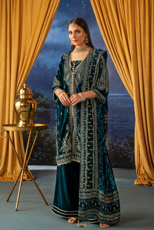 Mahee's Sultana 3-Piece Embroidered Velvet Suit with Velvet Shawl | Article 06