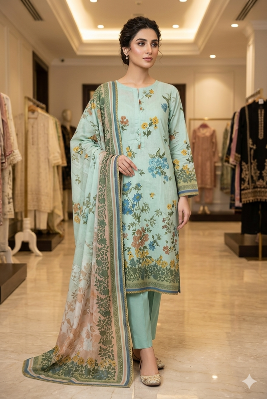 MUZNAH 3-PC Taftan Style stitched Printed Suit