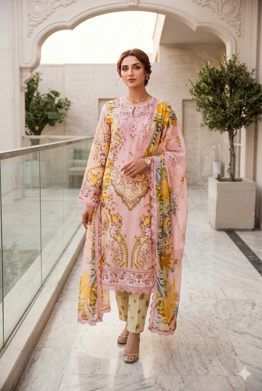 Premium Printed Lawn 3-Piece Unstitched Suit - Sequence Boring Patch Work EMB-10