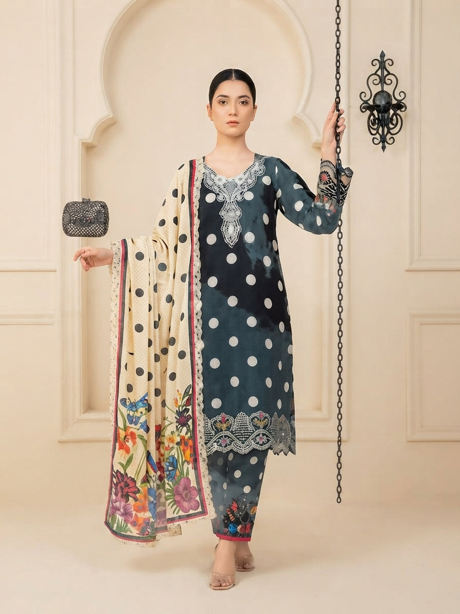 3 Piece Printed Linen sequence boring patch work - 05