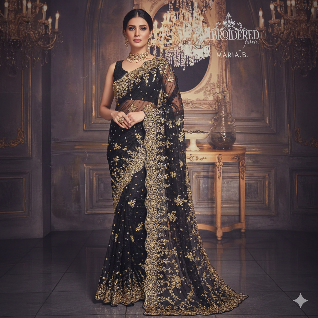 Maria B. Embroidered Saree Collection: BD-1825 - Elegant Black/Navy Chiffon with Heavy Gold Embellishment