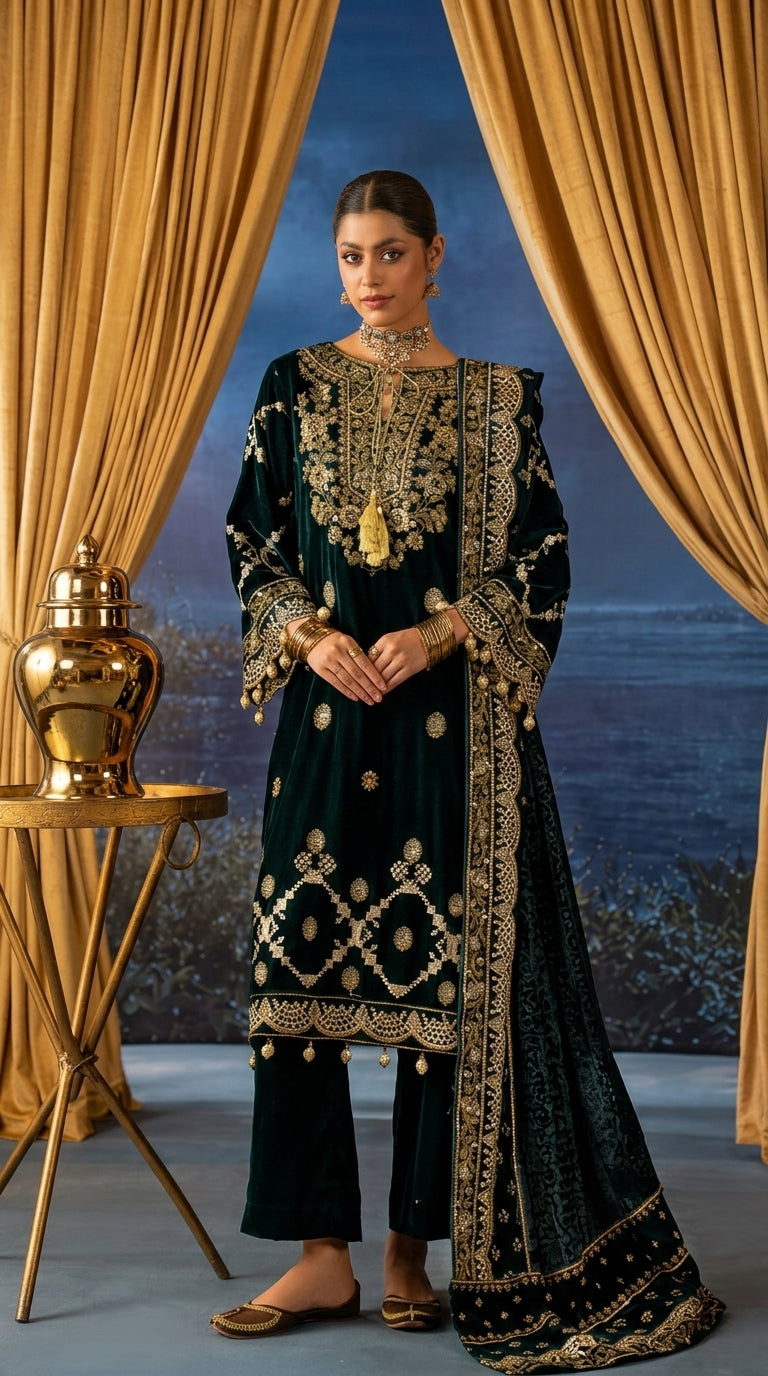 Mahee's Sultana 3-Piece Embroidered Velvet Suit with Velvet Shawl | Article 04