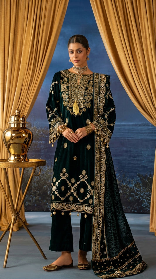 Mahee's Sultana 3-Piece Embroidered Velvet Suit with Velvet Shawl | Article 04