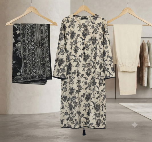 MUZNAH 3-PC stitched Printed Lawn Suit - M-32