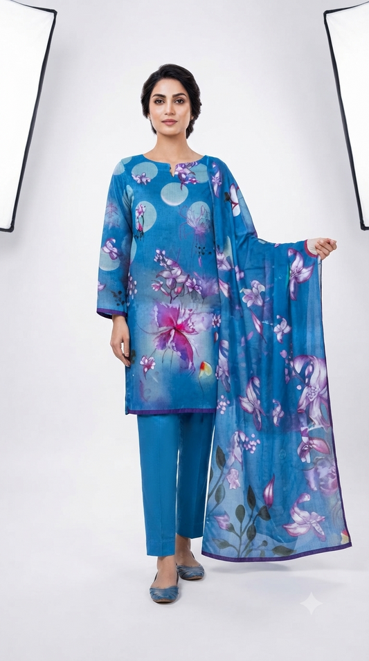 3 Piece Digital Printed Linen Suit | L#12