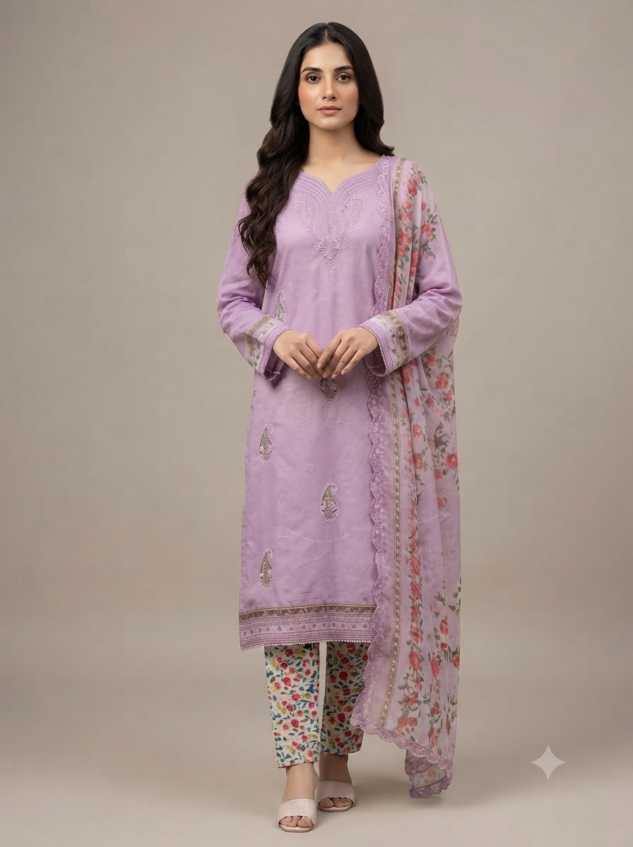 Printed Lawn 3-Piece Unstitched Suit with Sequin Patch Work (D-09)