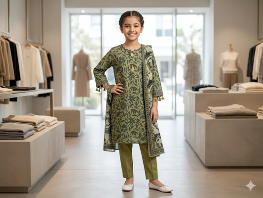 Muznah Girls Printed 3 Piece Stitched Suit | Sizes 6-14 years