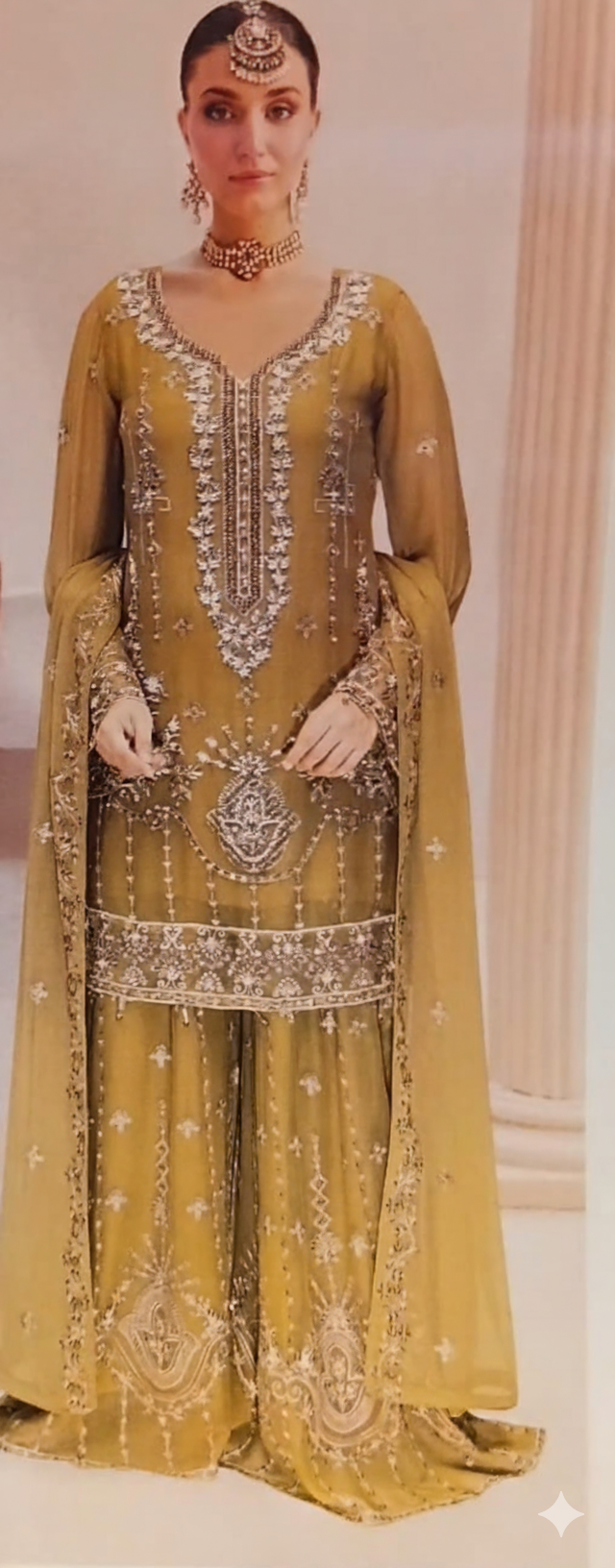 Ramsha Luxury Embroidered Mustard-Gold Gharara Set (WD-542)