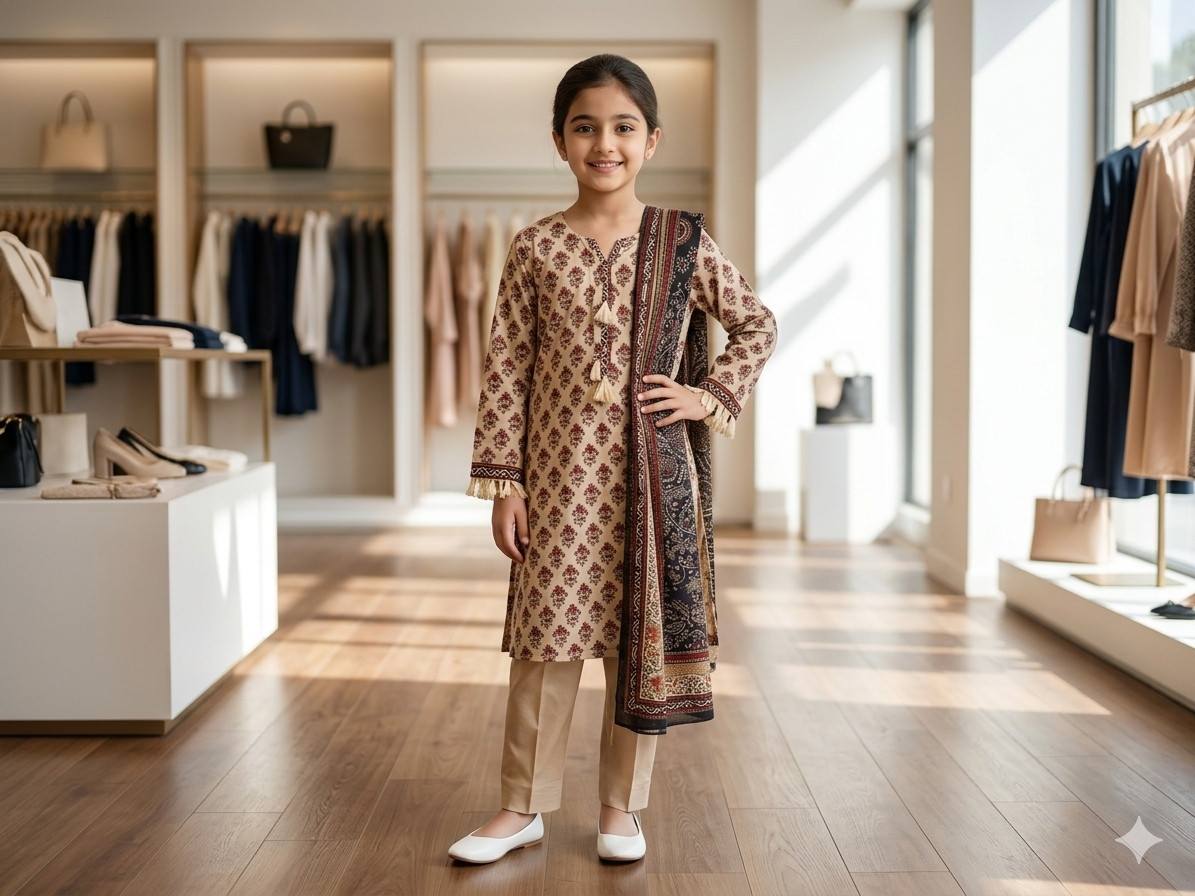 Muznah Girls Printed 3 Piece Stitched Suit | Sizes 6-14 years
