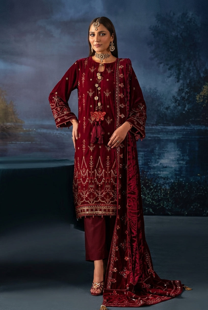 Mahee's Sultana 3-Piece Embroidered Velvet Suit with Velvet Shawl | Article 05