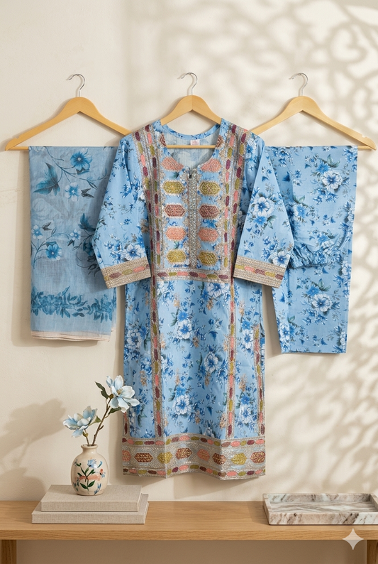 Luxury Embroidered Bana Dora Silk 3-Piece Stitched Suit M-12