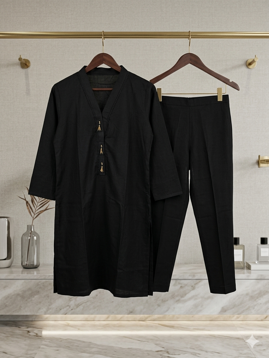 2-Piece Black Suit – Elegant Cotton Co-ord Set 1550