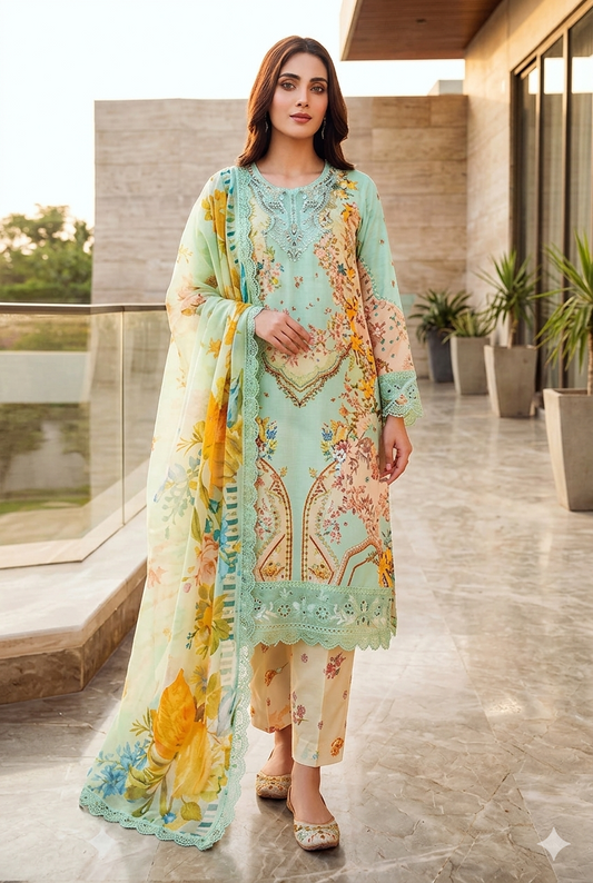 Premium Printed Lawn 3-Piece Unstitched Suit - Sequence Boring Patch Work EMB-13