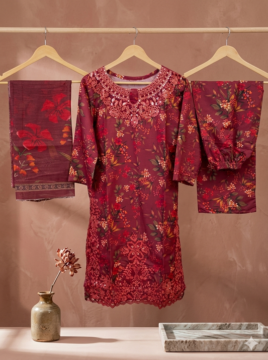 Luxury Embroidered Bana Dora Silk 3-Piece Stitched Suit M-08