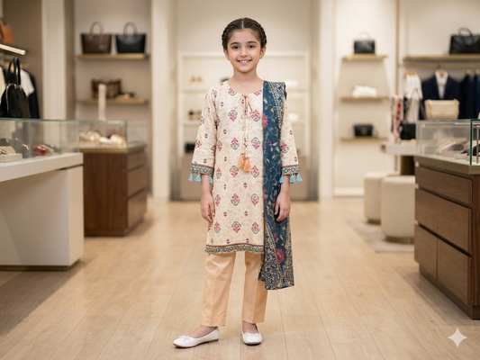 Muznah Girls Printed 3 Piece Stitched Suit | Sizes 6-14 years