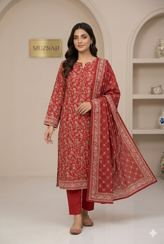 MUZNAH 3-PC stitched Printed Lawn Suit - M-03
