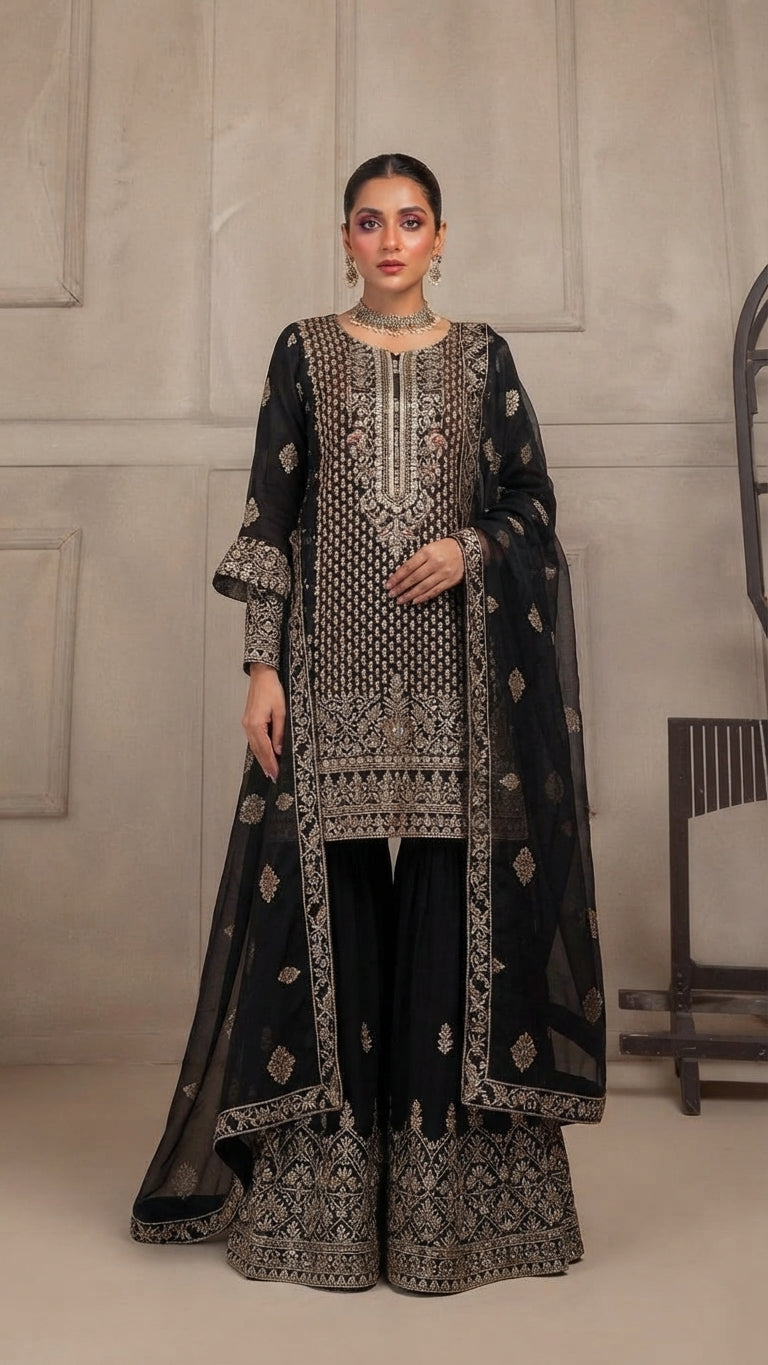 MENAAL by Bin Hameed: Luxury Embroidered Chiffon Stitch Suit - MBH-14