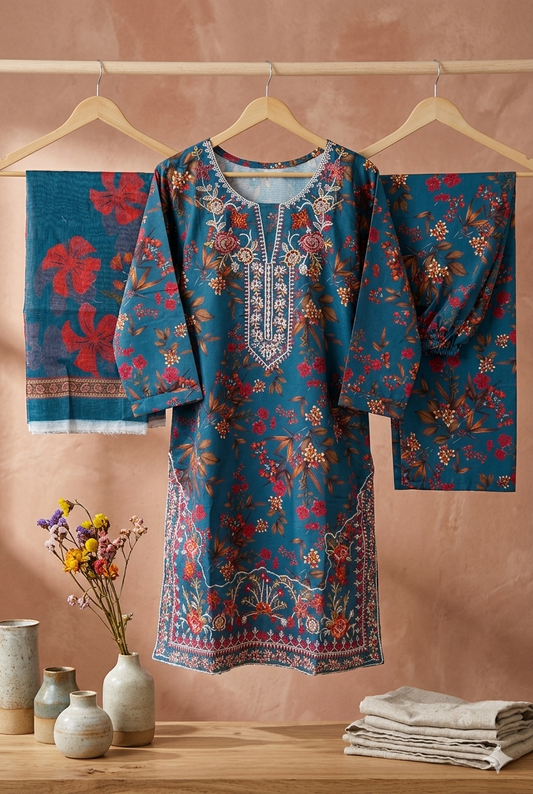 Luxury Embroidered Bana Dora Silk 3-Piece Stitched Suit M-11