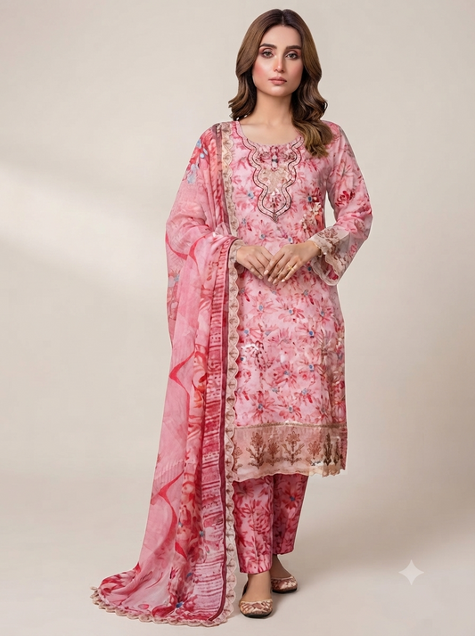 Printed Lawn 3-Piece Unstitched Suit with Sequin Patch Work (D-08)