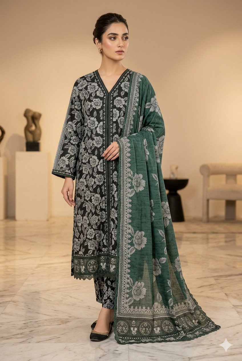 MUZNAH 3-PC Embroidered stitched Printed Suit