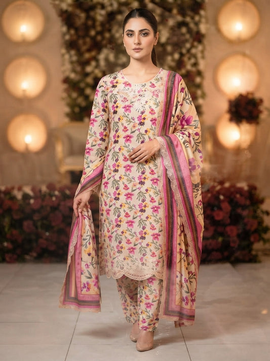 3 Piece Printed Linen sequence boring patch work - 06