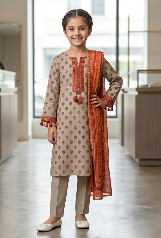 Muznah Girls Printed 3 Piece Stitched Suit | Sizes 6-14 years