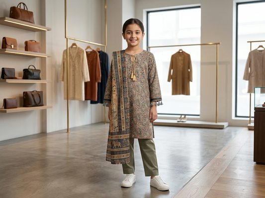 Muznah Girls Printed 3 Piece Stitched Suit | Sizes 6-14 years