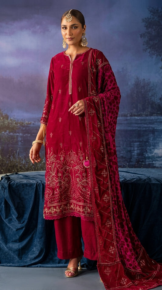 Mahee's Sultana 3-Piece Embroidered Velvet Suit with Velvet Shawl | Article 01
