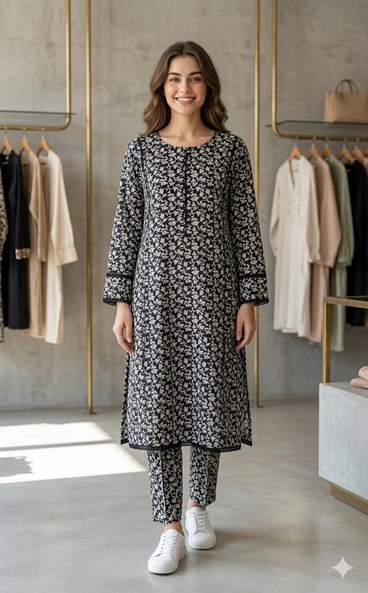 2-Piece Black  Frock Suit – Elegant Cotton Co-ord Set