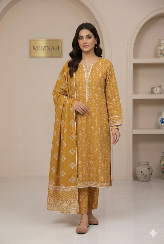 MUZNAH 3-PC stitched Printed Lawn Suit - M-05