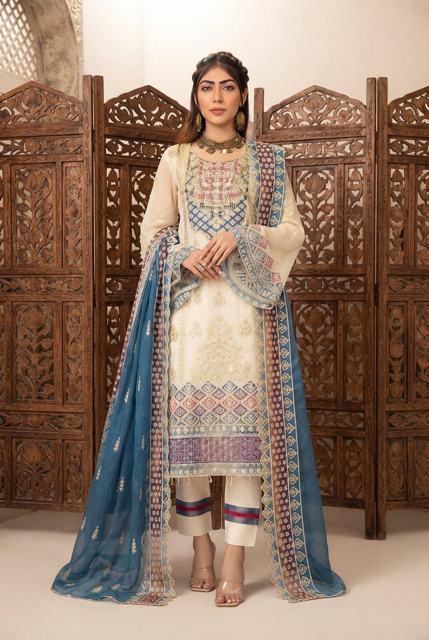 Moti's Fashion White & Gold Chiffon Collection - SQ-808
