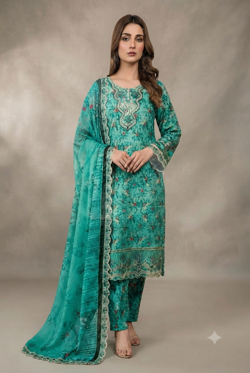 Printed Lawn 3-Piece Unstitched Suit with Sequin Patch Work (D-07)