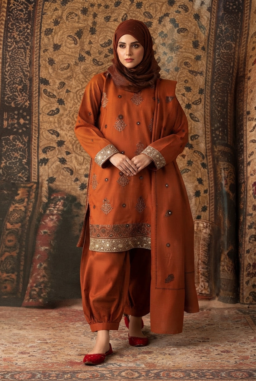 Gul e Zarki Embroidered Wool Touch I.T Pashmina 3-Piece Suit - D-03
