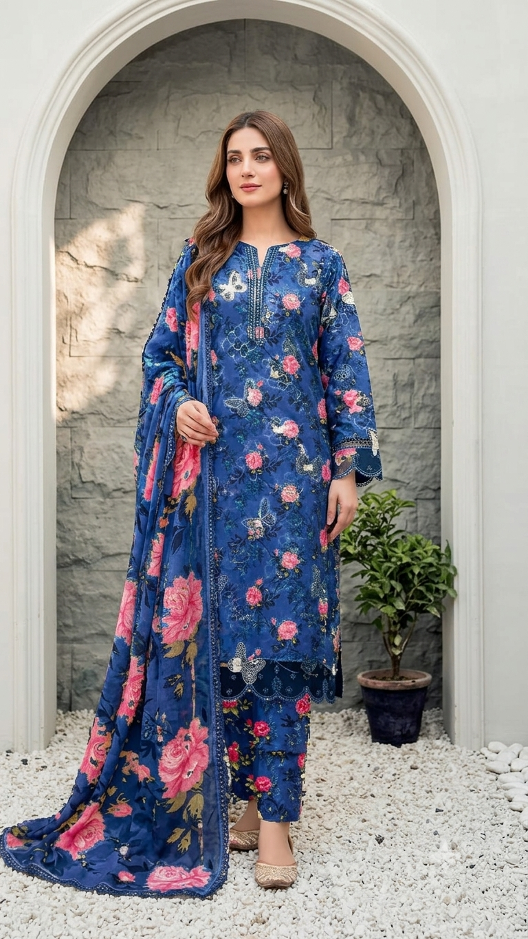 Maria.B Butterfly - Printed Lawn 3-Piece Unstitched Suit with Sequence Boring Patch Work