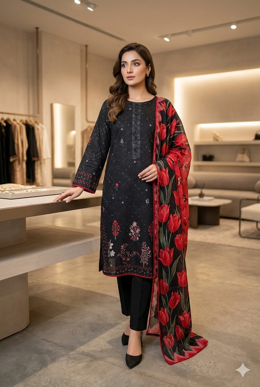 MUZNAH 3-PC Taftan Style stitched Printed Suit