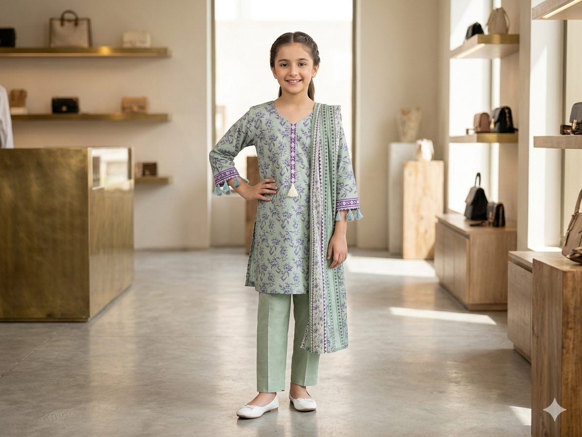 Muznah Girls Printed 3 Piece Stitched Suit | Sizes 6-14 years