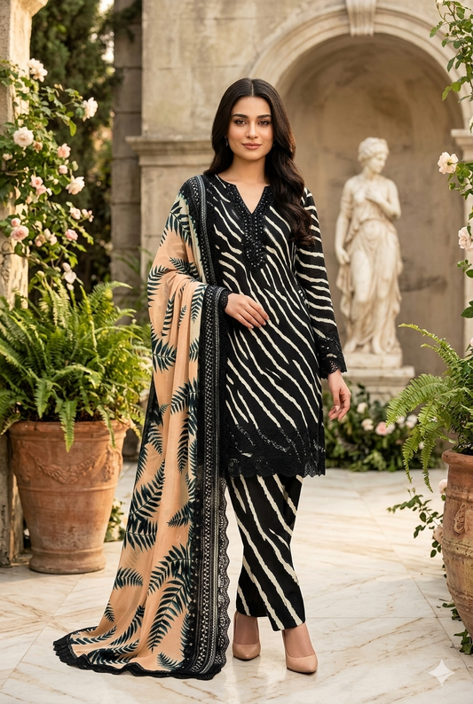 Premium Printed Lawn 3-Piece Unstitched Suit - Sequence Boring Patch Work EMB-07