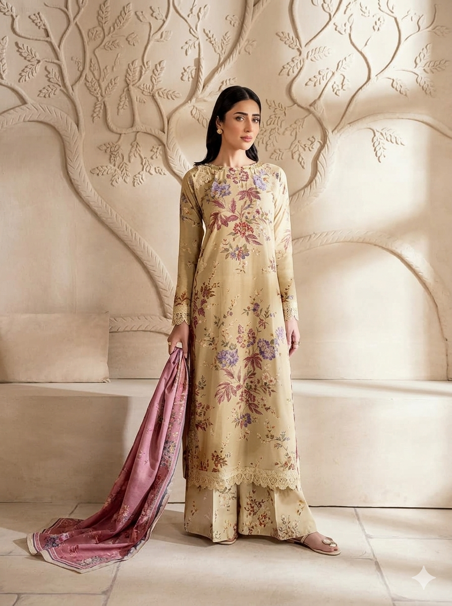 Unstitched 3-Piece Digital Print Lawn Suit B-21