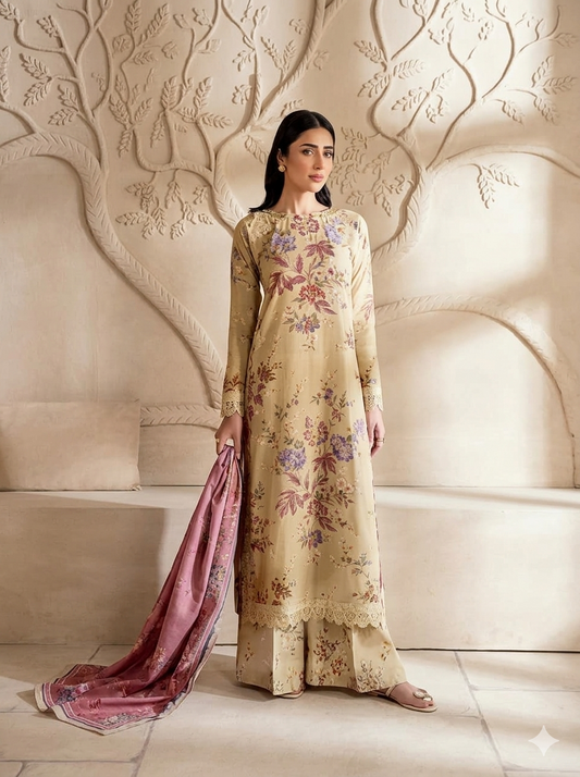 Unstitched 3-Piece Digital Print Lawn Suit B-21