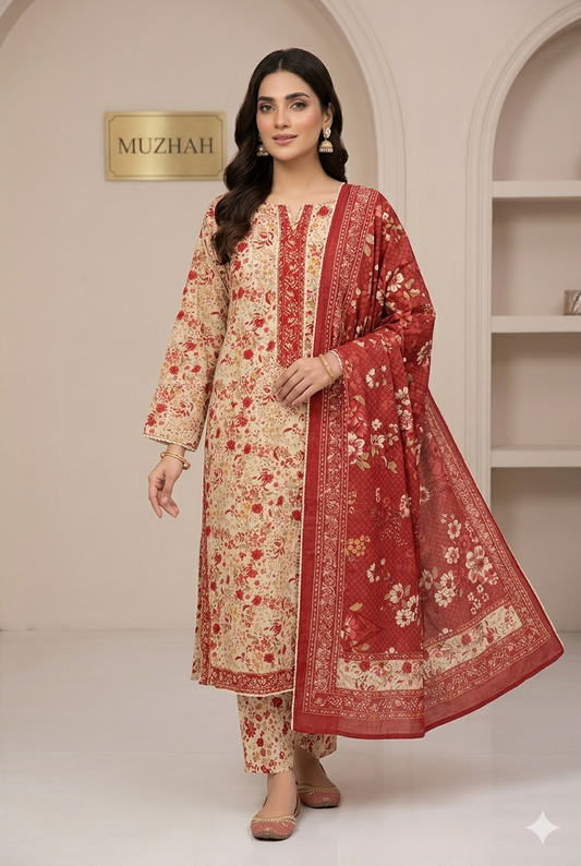 MUZNAH 3-PC stitched Printed Lawn  Suit - M-15