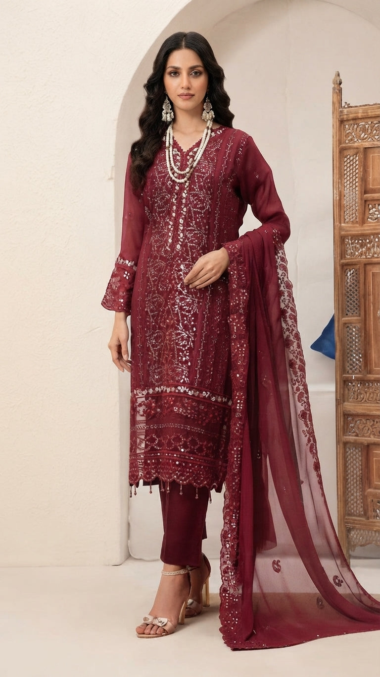 MIRAB by Bin Hameed: Luxury Embroidered Chiffon Stitch Suit - MBH-03