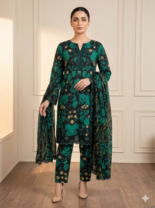 Premium Printed Lawn 3-Piece Unstitched Suit - Sequence Boring Patch Work EMB-09