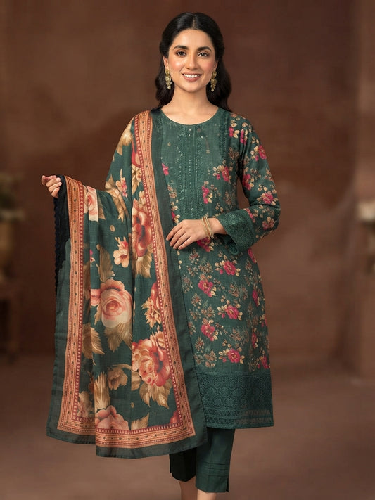 3 Piece Printed Linen sequence boring patch work - 07