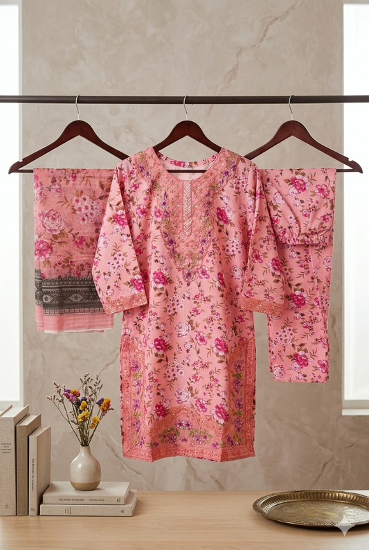 Luxury Embroidered Bana Dora Silk 3-Piece Stitched Suit M-18