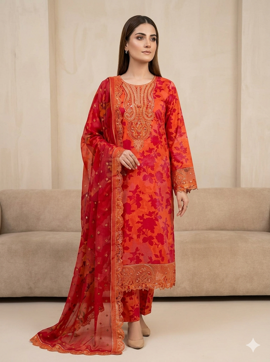 Premium Printed Lawn 3-Piece Unstitched Suit - Sequence Boring Patch Work EMB-15
