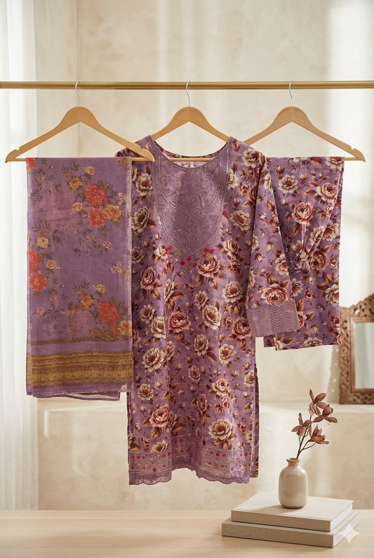 Luxury Embroidered Bana Dora Silk 3-Piece Stitched Suit M-03