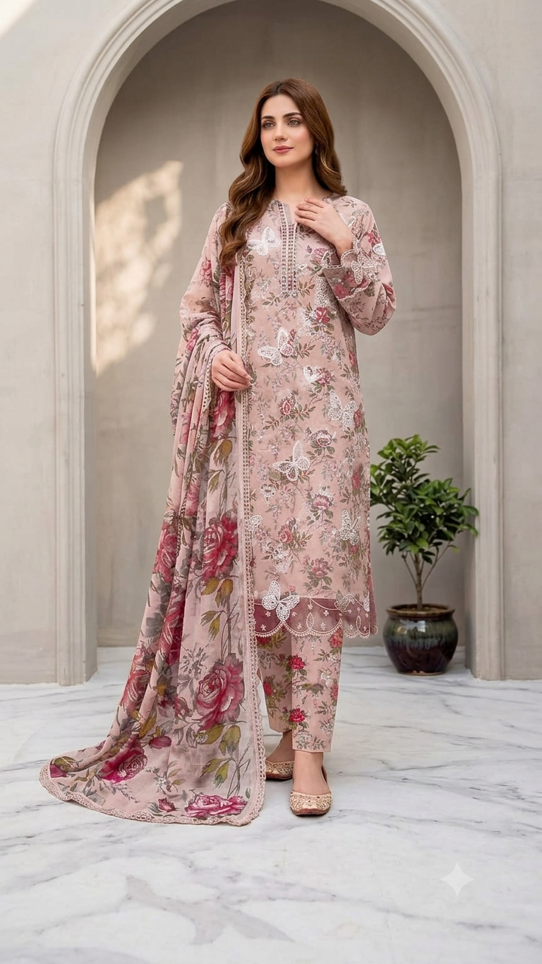 Maria.B Butterfly - Printed Lawn 3-Piece Unstitched Suit with Sequence Boring Patch Work