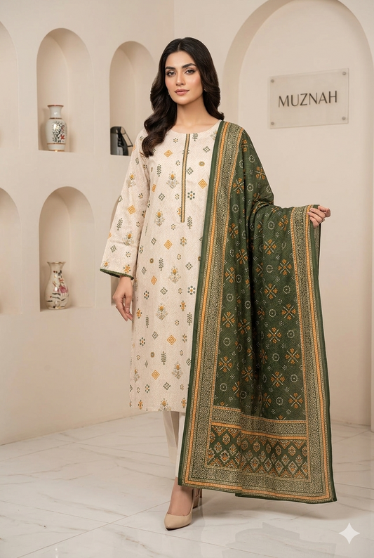 MUZNAH 3-PC stitched Printed Lawn Suit - M-10