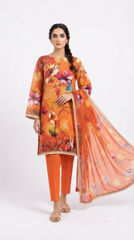 3 Piece Digital Printed Linen Suit | L#17